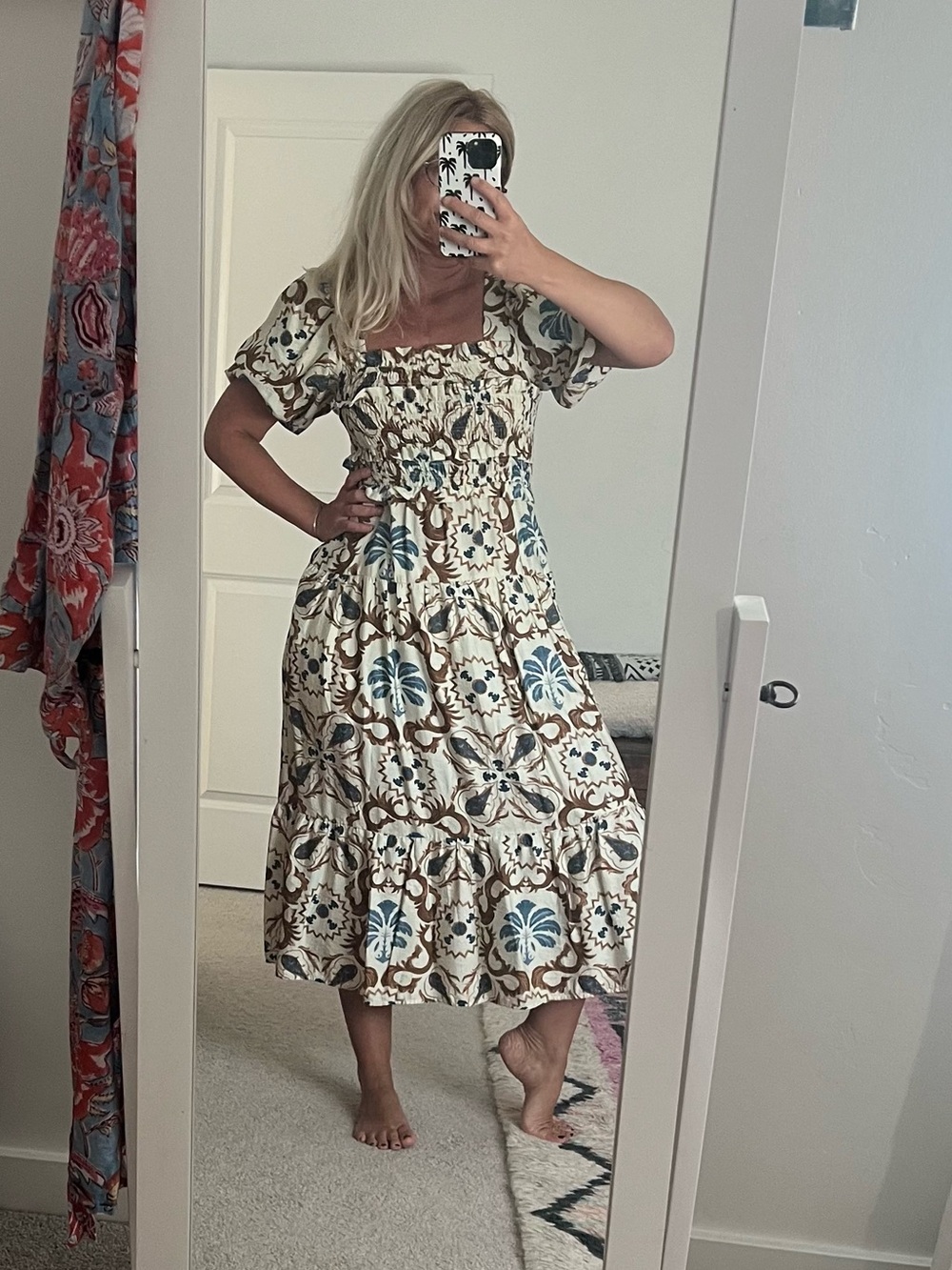 Smocked Midi Dress with Blue and Brown Tile Floral Print - Picture 4 of 5